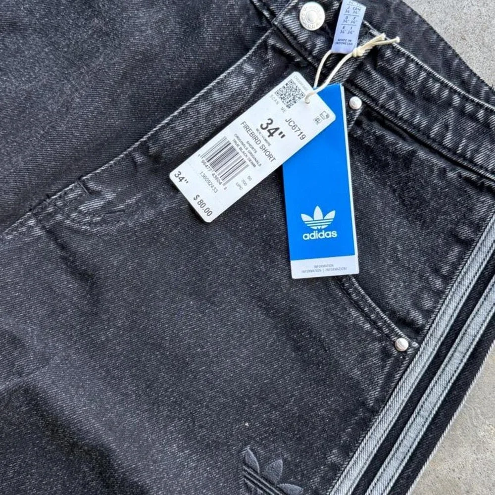 Adidas black denim firebird shorts size 34 NWTs